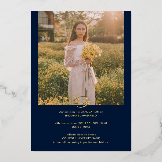 Afstuderen 2025 Navy Photo Gold Foil Aankondiging (Achterkant)