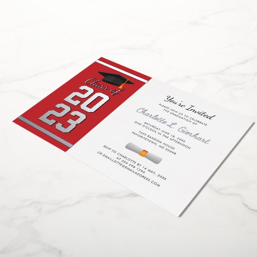 Afstuderen 2025 Red Script Afstudeerder Party Silv Folie Uitnodiging (Gedraaid)