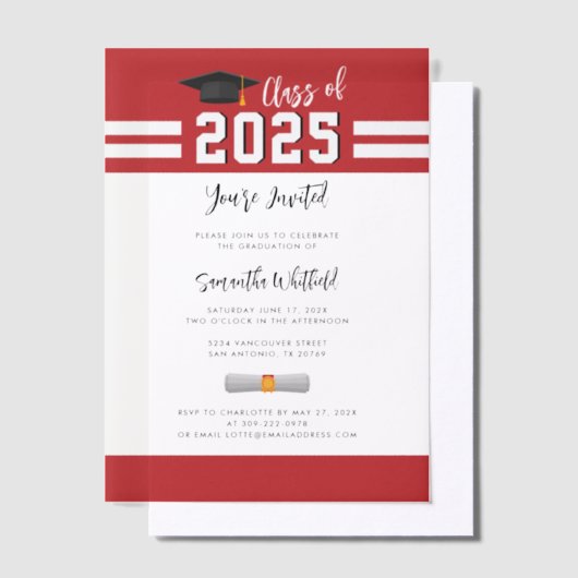 Afstuderen 2025 Red White Script Afstudeerder Part Vellum Uitnodigingen (Offset)