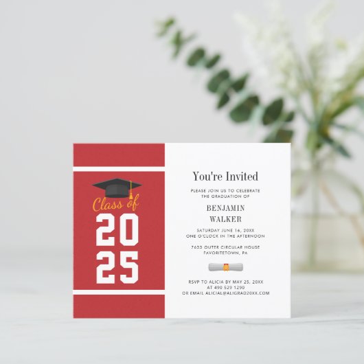 Afstuderen 2025 Rood Wit Afstudeerder Uitnodiging (Staand voorkant)