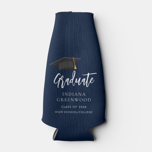 Afstuderen 2025 Script Minimalist Navy Blue Flesjeskoeler (Voorkant)