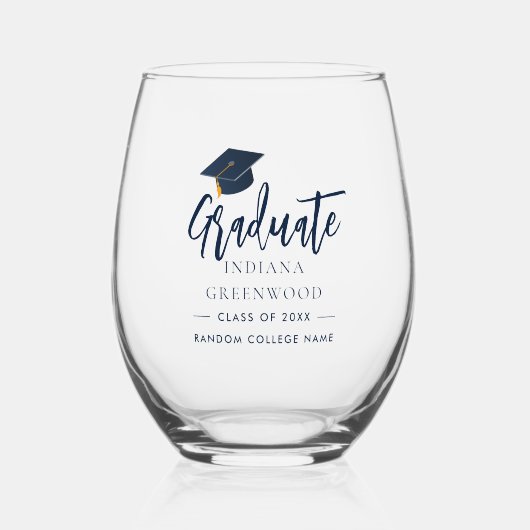 Afstuderen 2025 Script Navy Blue gepersonaliseerd Wijnglas Zonder Voet (Voorkant)