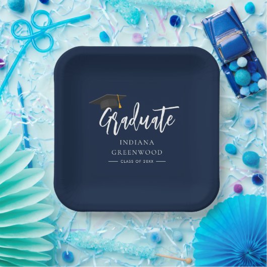 Afstuderen 2025 Script Navy Blue Papieren Bordje (Feest)