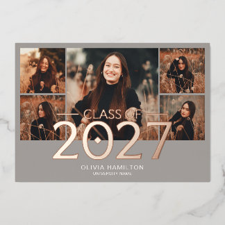 Afstuderen 2027 Elegant 6 Foto Beige Folie Uitnodiging