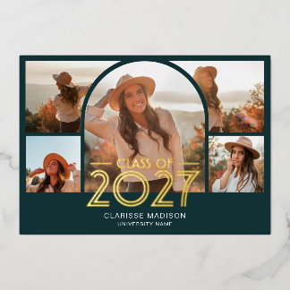 Afstuderen 2027 Vintage Boog 6 Foto Turquoise Folie Uitnodiging