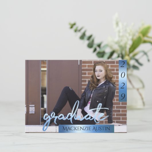 Afstuderen 2 foto | Blue Script Cool Brush Keepsak Kaart (Staand voorkant)