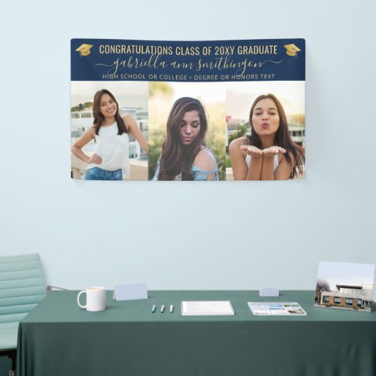 Afstuderen 3 Foto Blue en Gold Cute Elegant Spandoek (Beurs)