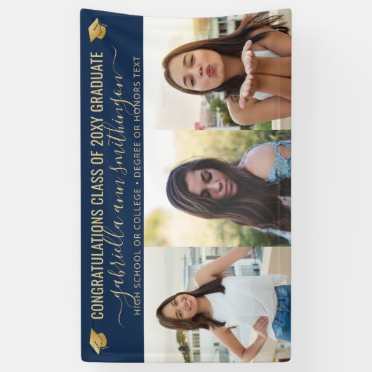 Afstuderen 3 Foto Blue en Gold Cute Elegant Spandoek (Verticaal)