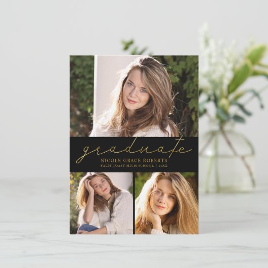 Afstuderen 3-Foto Collage Modern Gold Script Aankondiging (Staand voorkant)