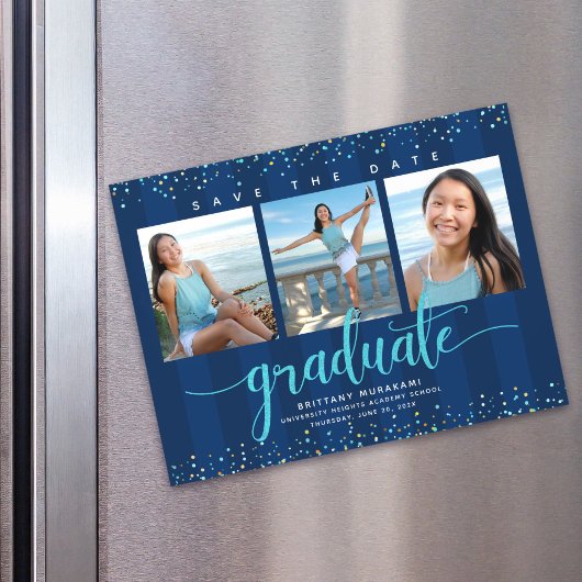 Afstuderen 3 Foto Navy Blue Save the Date Modern Magnetische Uitnodiging