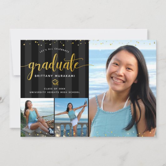 Afstuderen 3 fotocollage zwart gouden script chic aankondiging (Voorkant)