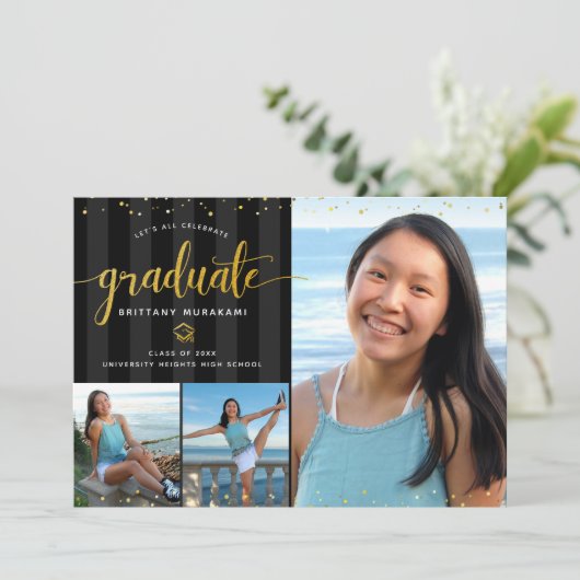 Afstuderen 3 fotocollage zwart gouden script chic aankondiging (Staand voorkant)