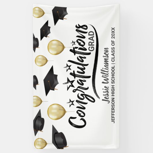 Afstuderen - Afstudeerder zwart goud ballon - Aang Spandoek (Verticaal)