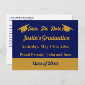 Afstuderen Afstuderen Opslaan Datum blauw en goud Briefkaart (Voorkant / Achterkant)