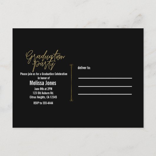 Afstuderen Afstuderen Zwart & Goud Moderne foto Uitnodiging Briefkaart (Achterkant)