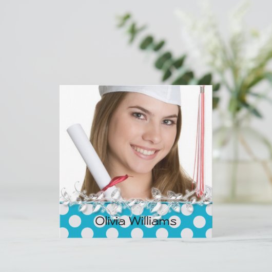 afstuderen aqua polka dot border kaart (Staand voorkant)