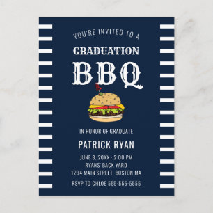 Afstuderen BBQ Blue White Stripe Invitation Briefkaart