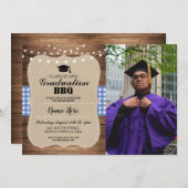 Afstuderen BBQ Foto Burlap Blue Rustic Wood Kaart (Voorkant / Achterkant)