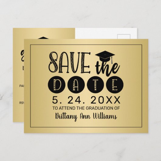 Afstuderen Bespaar de datum zwarte Typografie Gold Aankondigingskaart (Voorkant / Achterkant)