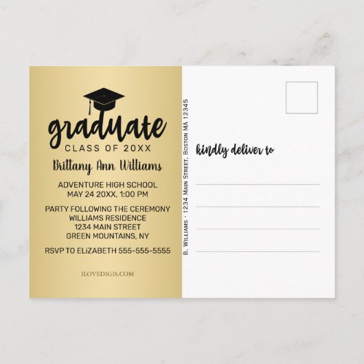 Afstuderen Bespaar de datum zwarte Typografie Gold Aankondigingskaart (Achterkant)