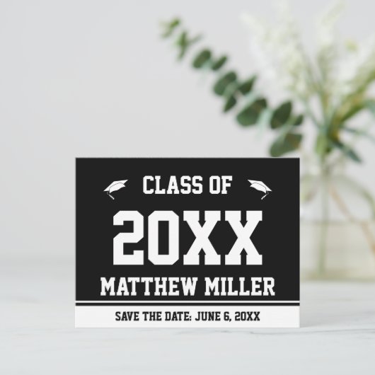 Afstuderen Bewaar de datum Zwart-wit Afstudeerder  Aankondigingskaart (Staand voorkant)