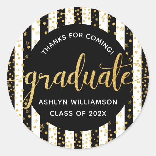 Afstuderen Black Gold Glitter Confetti Script Name Ronde Sticker (Voorkant)