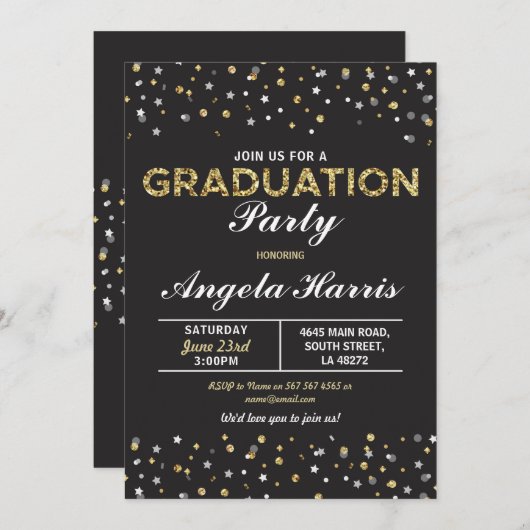 Afstuderen Black & Gold Invite Stars Confetti Kaart (Voorkant / Achterkant)
