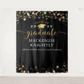 Afstuderen Black Gold Stars Confetti Lights Script Wandkleed (Voorkant)