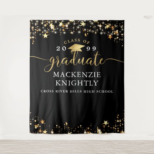 Afstuderen Black Gold Stars Confetti Lights Script Wandkleed (Voorkant)