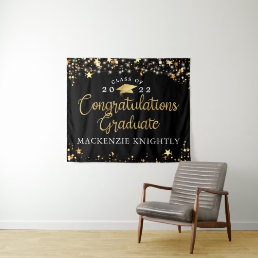 Afstuderen Black Gold Stars Licht Confetti Script Wandkleed (In Situ (horizontaal))