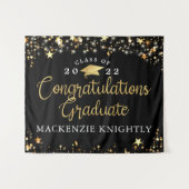 Afstuderen Black Gold Stars Licht Confetti Script Wandkleed (Voorkant (horizontaal))
