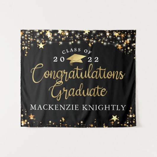 Afstuderen Black Gold Stars Licht Confetti Script Wandkleed (Voorkant (horizontaal))