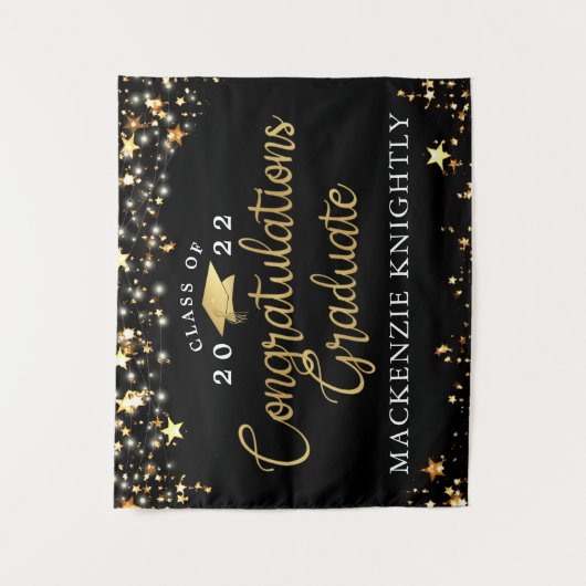 Afstuderen Black Gold Stars Licht Confetti Script Wandkleed (Voorkant)