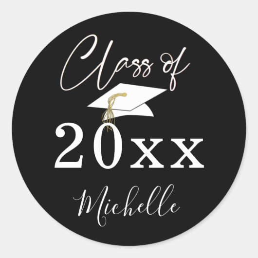 Afstuderen Black White Script Class Year Name Ronde Sticker (Voorkant)