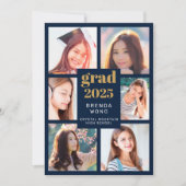 Afstuderen Blauw 6 Photo Collage Goud Wit Script Aankondiging (Voorkant)