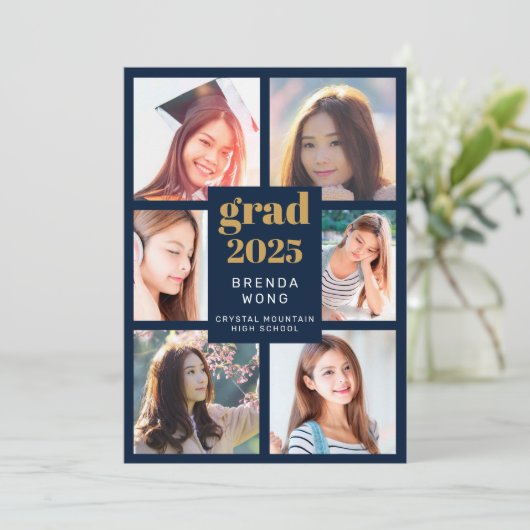 Afstuderen Blauw 6 Photo Collage Goud Wit Script Aankondiging (Staand voorkant)