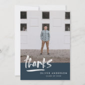 Afstuderen blauw script 3 foto bedankt kaart (Voorkant)