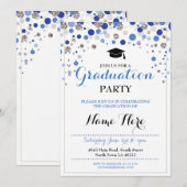 Afstuderen Blauw Zilveren Partij Polka Dot Uitnodi Kaart (Voorkant / Achterkant)