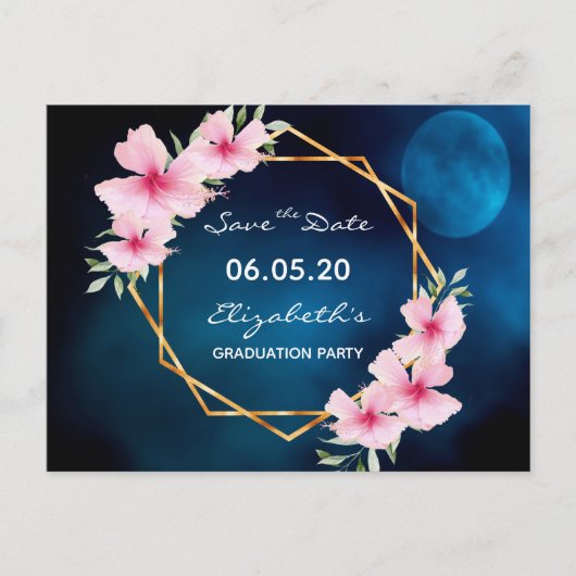 Afstuderen Blauwe roze bloemen Sla de datum op Briefkaart (Voorkant)