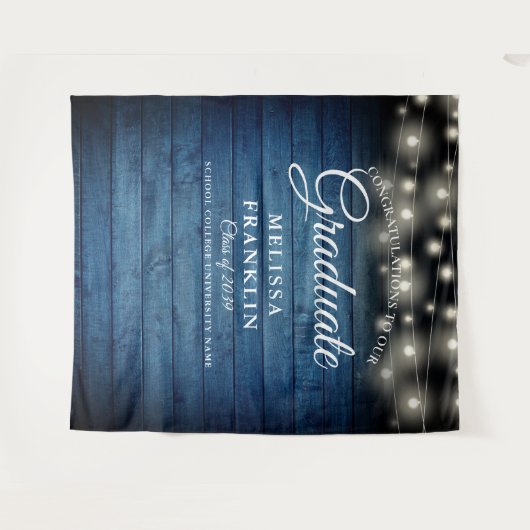 Afstuderen Blauwe Rustige Wood String Lights Wandkleed (Voorkant (horizontaal))