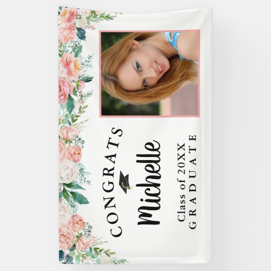 Afstuderen Bloemen Roze Rose Goud Script Foto Spandoek (Verticaal)