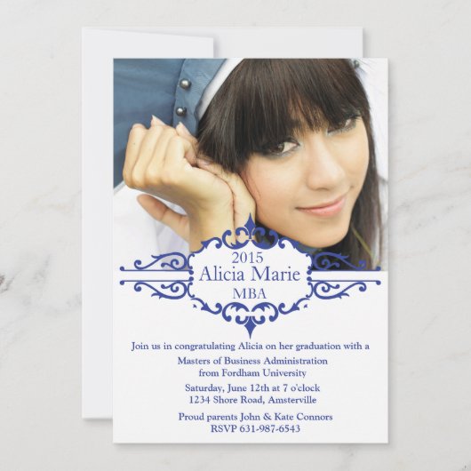 Afstuderen Blue Photo Invitation Kaart (Voorkant)
