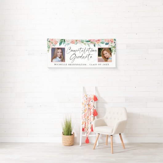 Afstuderen Blush Pink Floral Handgeschreven Script Spandoek (Insitu)