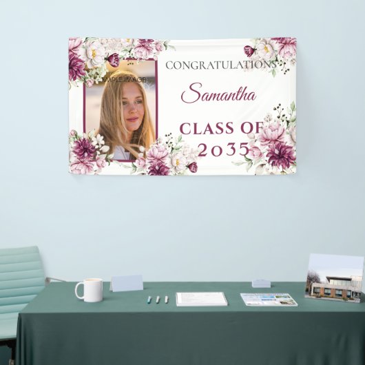 Afstuderen Bourgogne en roze bloemen Spandoek (Beurs)