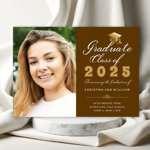 Afstuderen Brown Gold Script Klasse van 2025 Foto Aankondiging