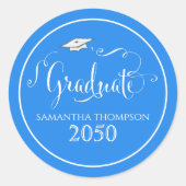 Afstuderen Calligrafiescript Elegant Blue Pet Ronde Sticker (Voorkant)