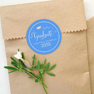 Afstuderen Calligrafiescript Elegant Blue Pet Ronde Sticker