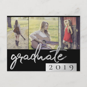 Afstuderen collage   Zilver Script Trendy 3 foto Uitnodiging Briefkaart