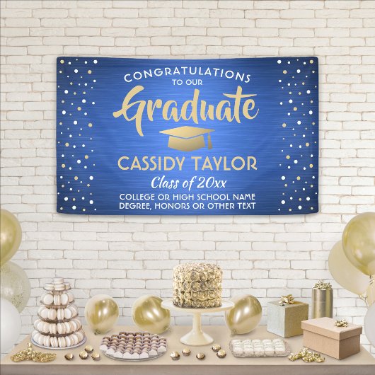Afstuderen Confetti geborsteld blauw goud en wit Spandoek