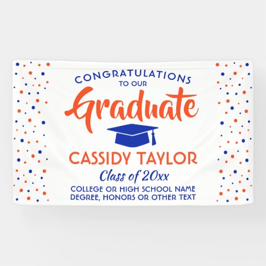 Afstuderen Confetti Modern Oranje blauw en wit Spandoek (Horizontaal)